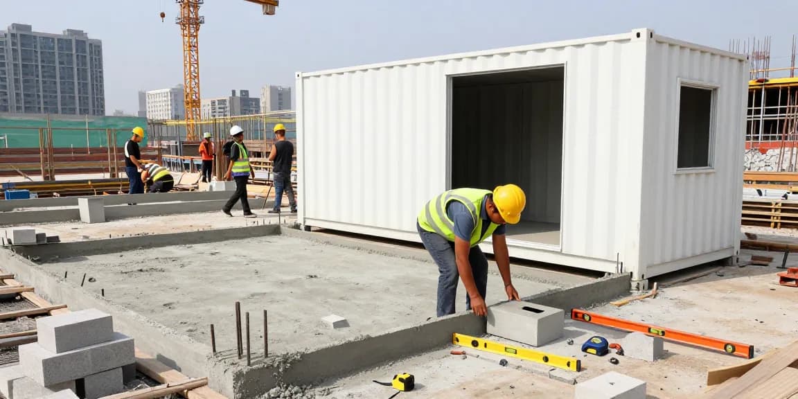 Fundament Container bei der Vorbereitung für den Bau mit Arbeitern und Betonfundamenten auf einer Baustelle.