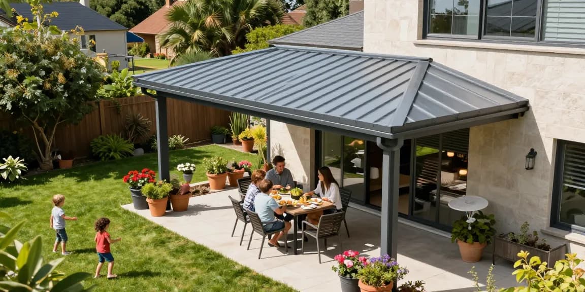 Moderne Terrassenüberdachung schützt Familie im Garten vor Sonnenstrahlen.