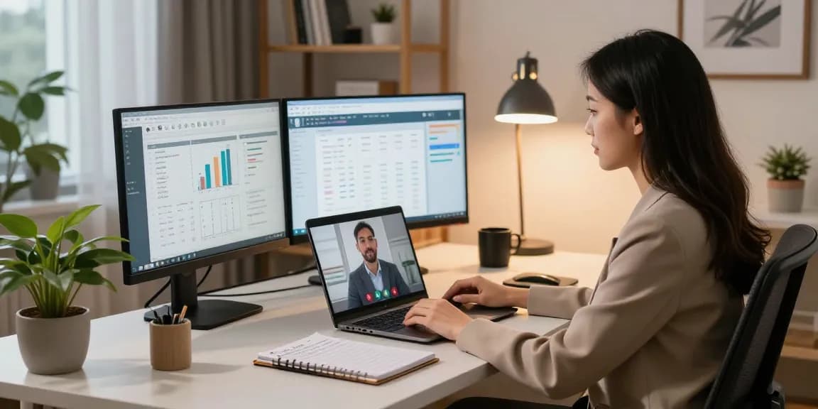 Professional woman on https://sc88.chat/ engaging in a virtual meeting in a stylish home office.