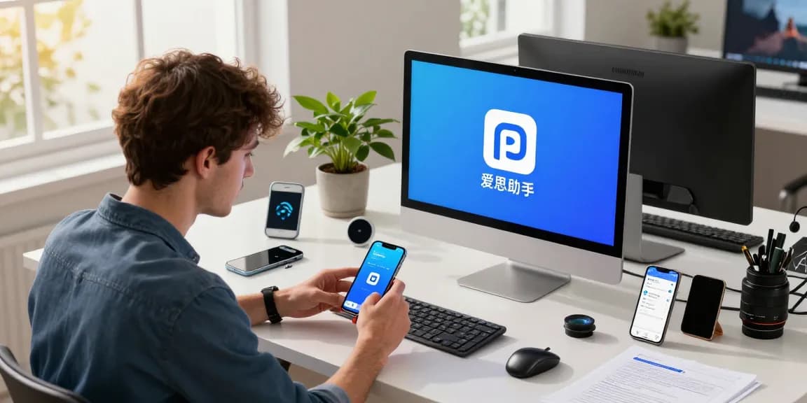 在现代科技工作空间中，技术人员使用爱思助手解决iPhone问题，展示设备管理和支持的高效。