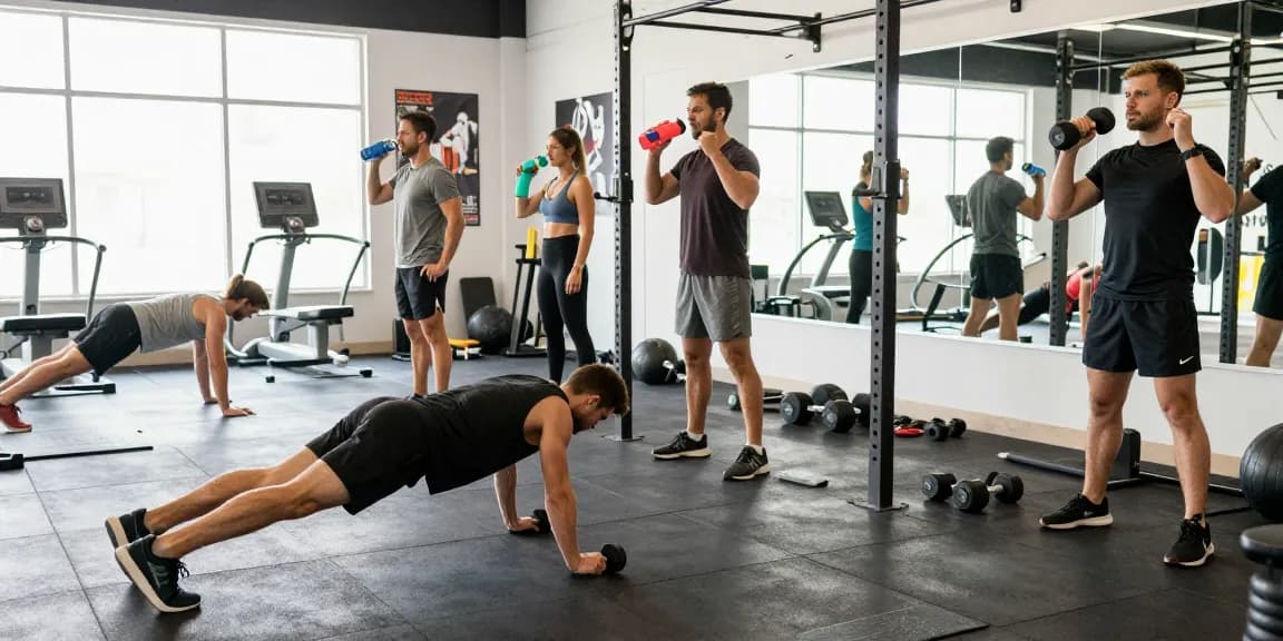 Deus Medical Fitness-Szenario mit Sportlern beim Training in hellem modernen Fitnessstudio.