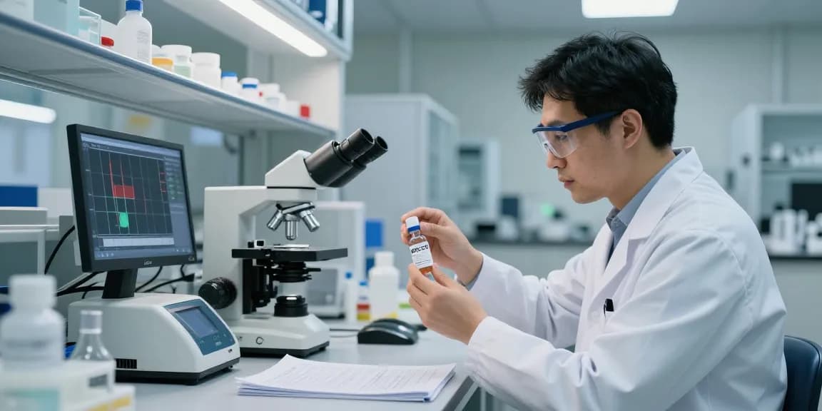 Scientist analyzing BPC-157 in a modern lab at koipeptidescanada.com/bpc-157-canada.