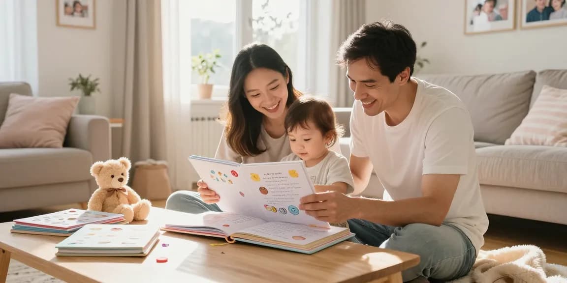 Fesselnder Familienmoment mit Babyalbum kaufen in einem gemütlichen Wohnzimmer.