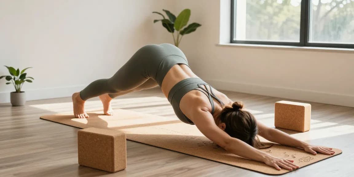 Practicing yoga on a personalized cork Yogamatte Set mit Block in a bright studio.