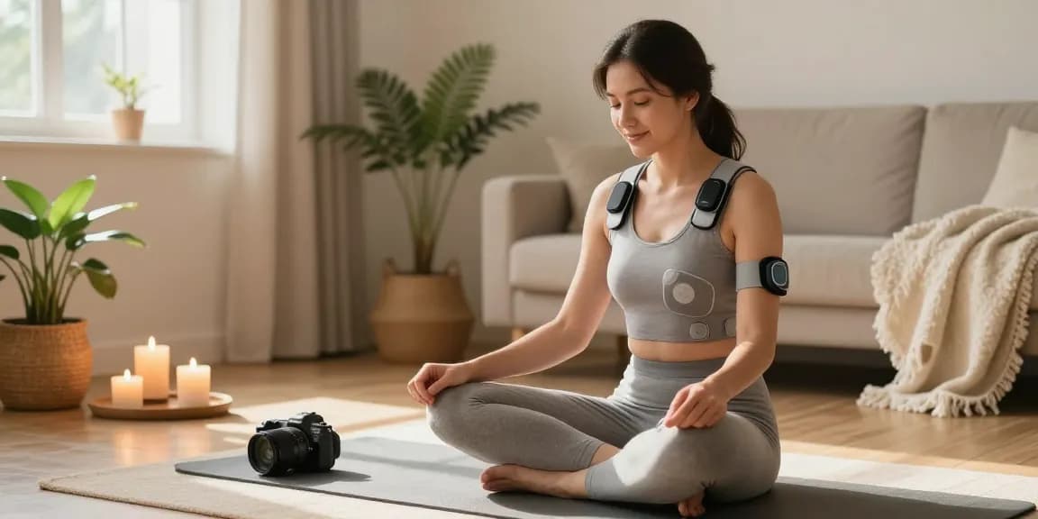 Vagusnervstimulation gerät testsieger showcased in a tranquil home setting, woman using device for stress relief and relaxation.
