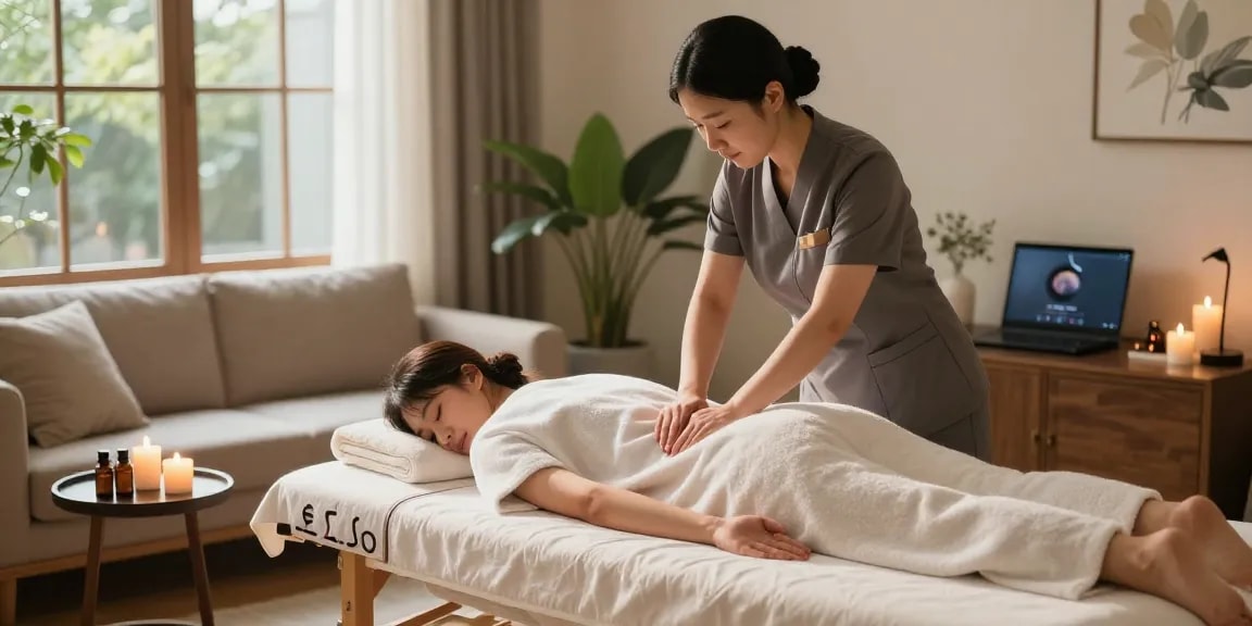 지지베출장 professional massage in a calming home setting, highlighting premium service and relaxation.
