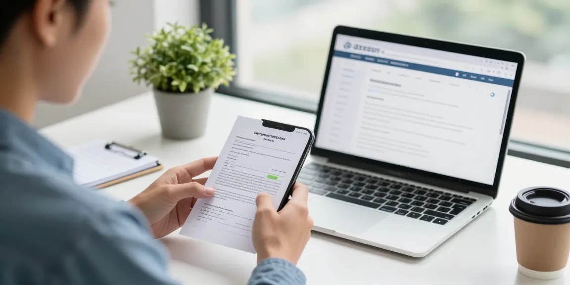 Arbeitszeugnis prüfen: Person analysiert Referenzschreiben sicher mit Smartphone Kamera in professionellem Büro