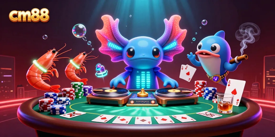 Chơi game casino hấp dẫn tại CM88 với hình ảnh 3D sống động về axolotl DJ và các yếu tố trò chơi.