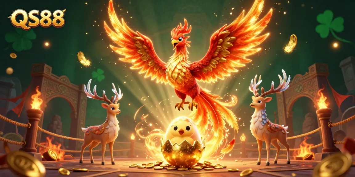 Engage with QS88 through an exhilarating 3D illustration of a phoenix and stag in a dynamic gambling atmosphere.