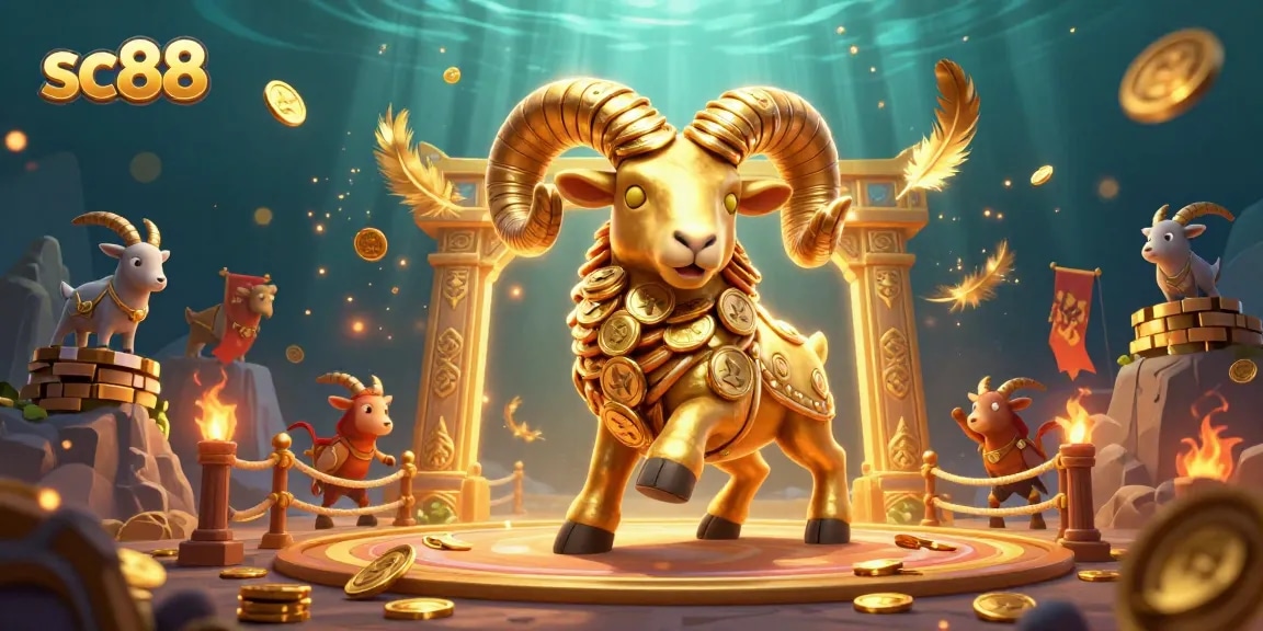 Experience sc88 excitement with a golden ram charging through a casino arena filled with tokens.