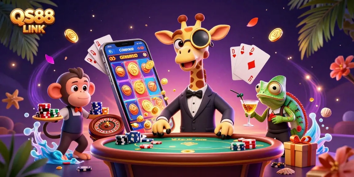 Experience thrilling action at QS88 LINK with a vibrant casino scene featuring unique characters and games.