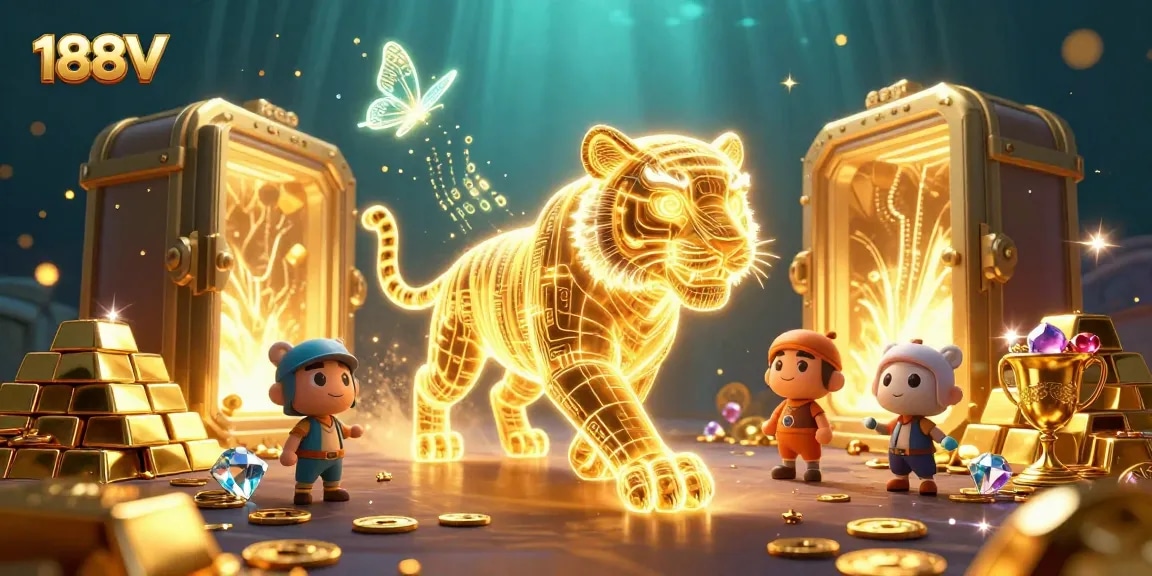 Experience thrilling wins at 188V with a vivid scene of a golden tiger in a dazzling casino.