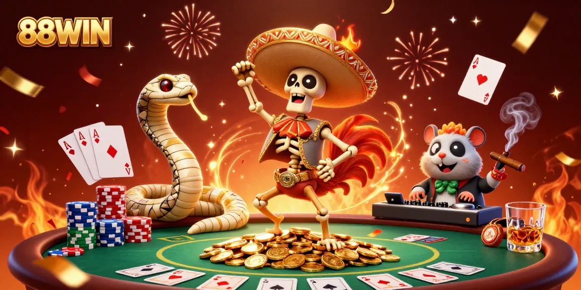 Experience 88WIN's thrilling casino excitement with a vibrant victory dance by unique characters in a packed scene.