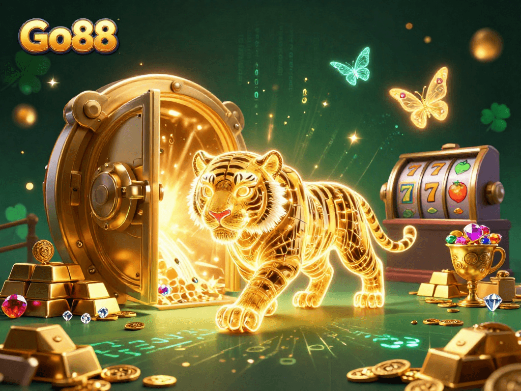 Experience thrilling gameplay at Go88 with vibrant casino elements and a stunning neon tiger.