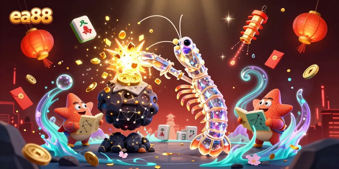 ea88 showcases a galactic samurai mantis shrimp in action among floating gambling elements
