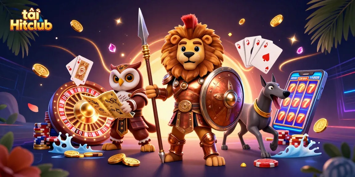 Experience the thrill with tải Hitclub featuring a heroic Spartan lion and dynamic casino elements.
