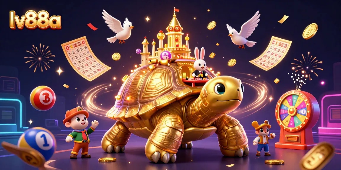 Join the excitement at lv88a with a vibrant casino scene featuring a tortoise with a casino palace and dynamic game elements.