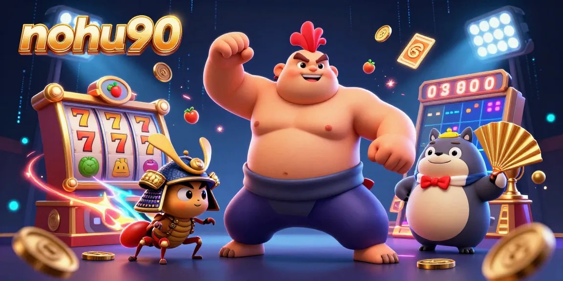 Nohu90 showcases a powerful sumo rooster and samurai cricket amidst thrilling slot game elements in a dynamic casino scene.