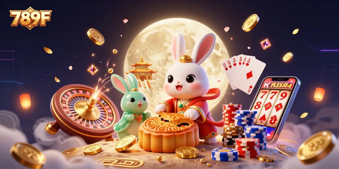 Experience thrill at 789F with a vibrant 3D illustration showcasing a lively casino scene filled with treasures and excitement.