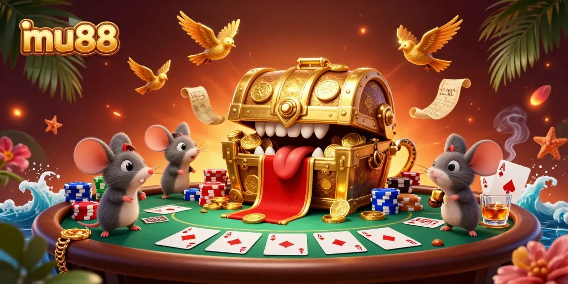 Engage with mu88's adventure as mice are lured by a treasure chest in a vibrant casino scene.