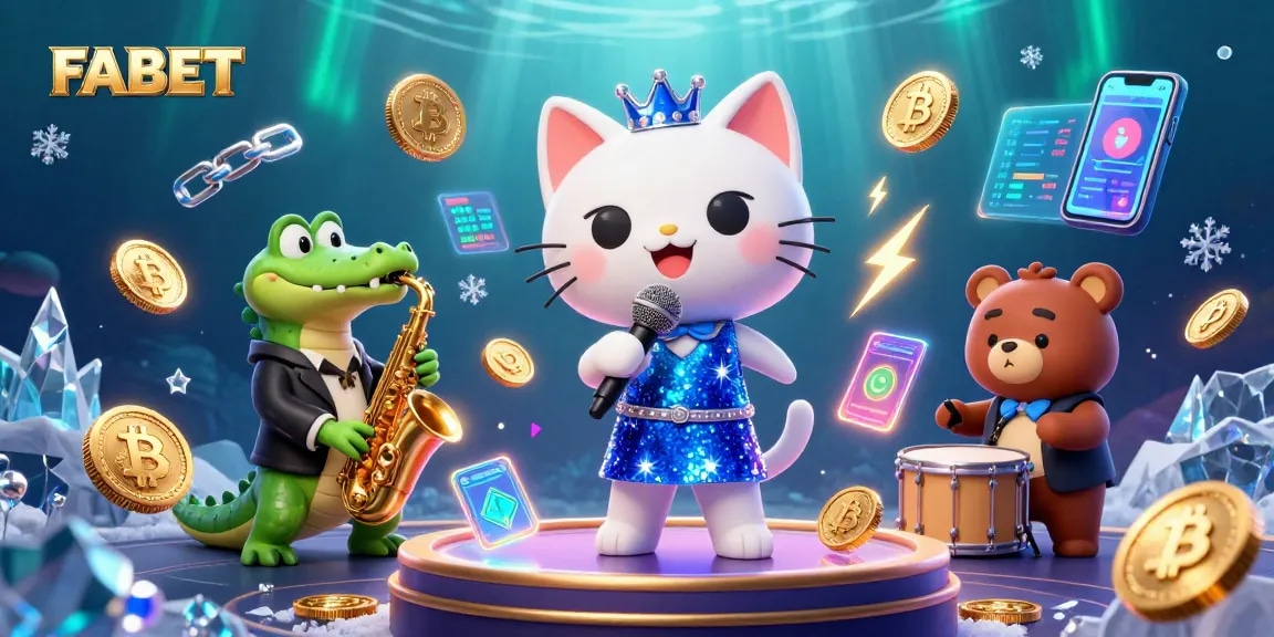 Experience FABET's vibrant casino atmosphere with lively characters and crypto elements.