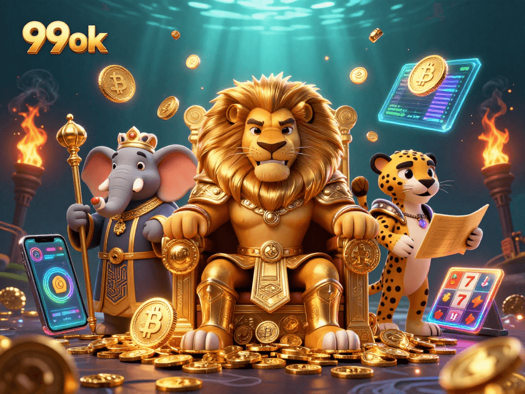 Engage with the dynamic casino scene of 99ok featuring a lion king, elephant advisor, and cheetah messenger.
