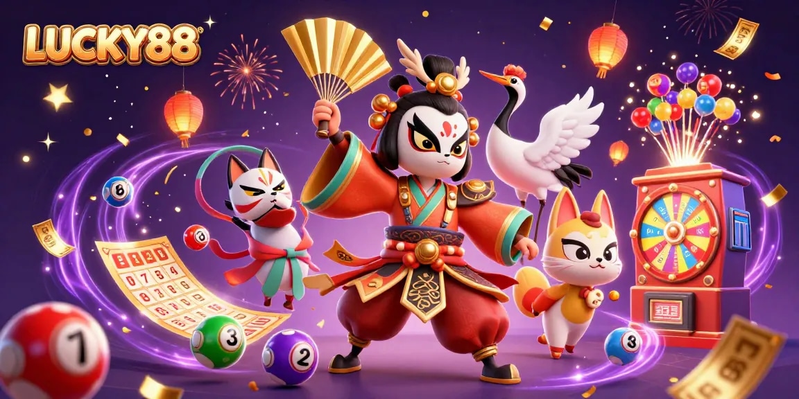 Join LUCKY88 for exhilarating casino action with lively kabuki warriors and dynamic lottery elements.