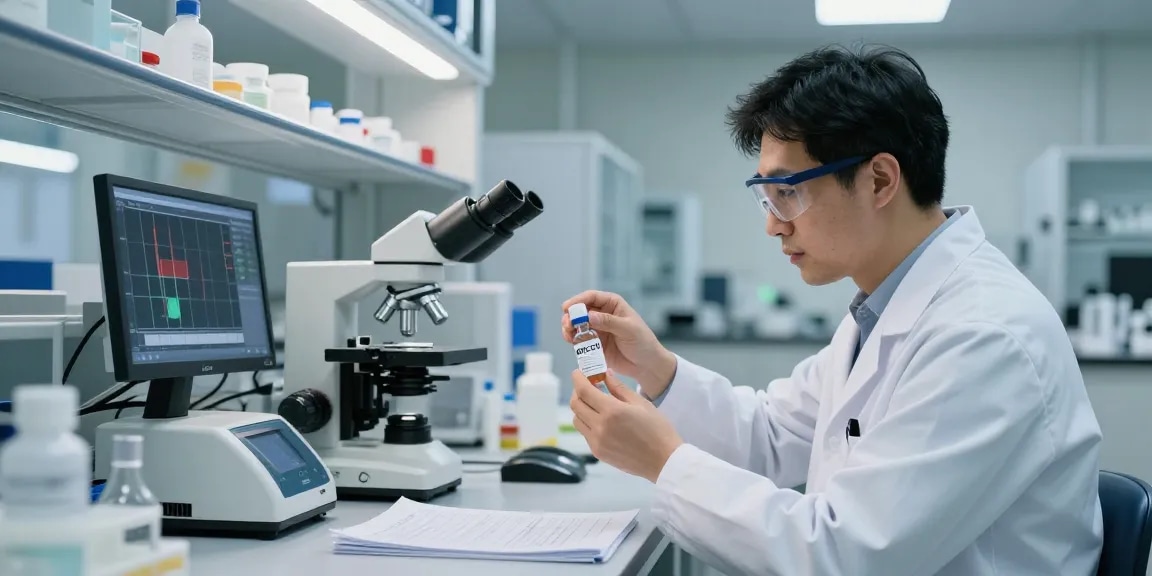 Scientist analyzing BPC-157 in a modern lab at koipeptidescanada.com/bpc-157-canada.