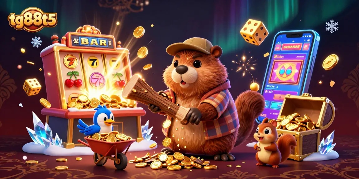 Experience thrilling gameplay with tg88t5 as a beaver collects coins in a lively casino scene.