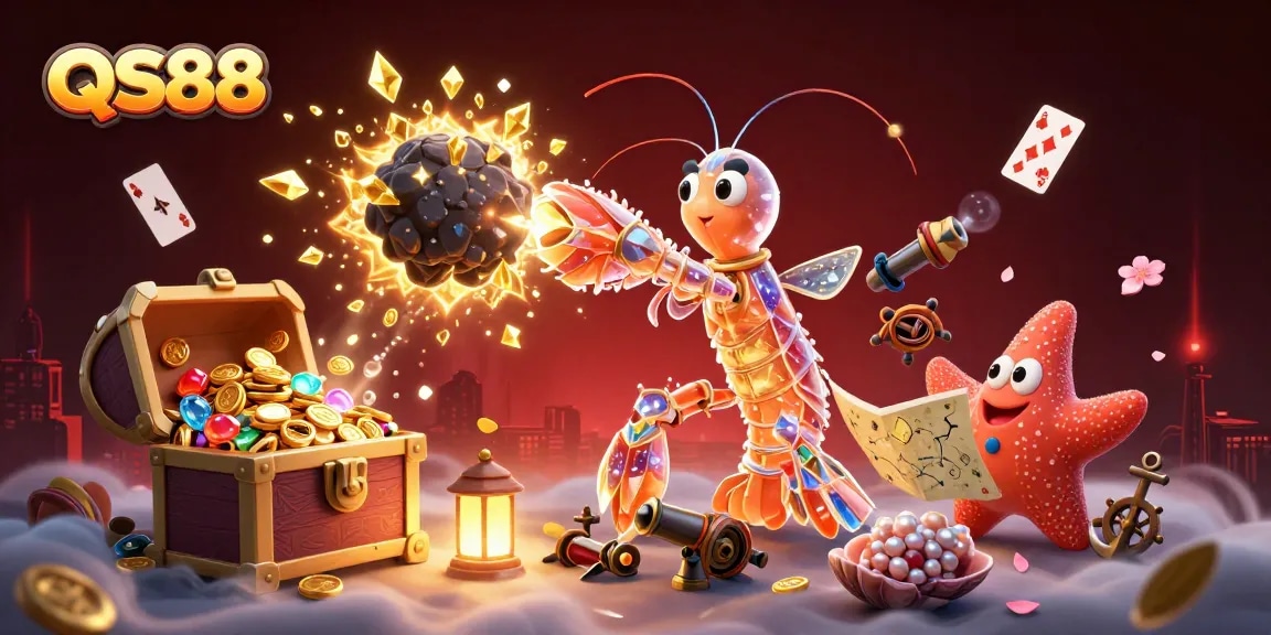 QS88 boosts excitement as a galactic mantis shrimp bursts through an asteroid, showering golden gems.