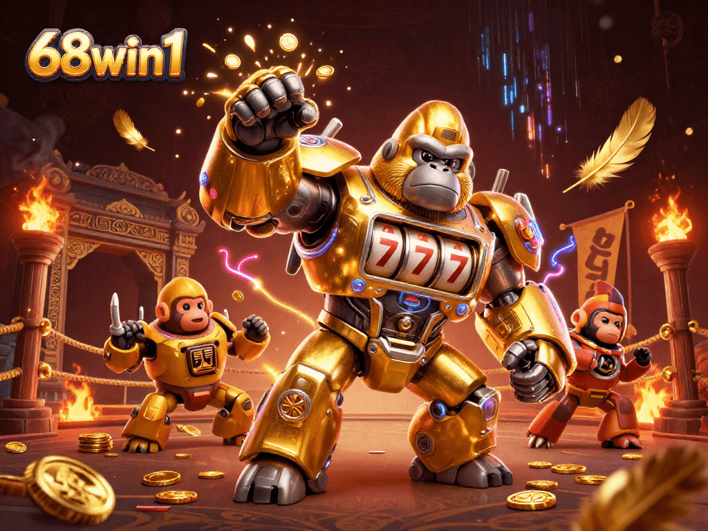 Engage with 68win1's immersive gaming experience featuring a dynamic golden gorilla mech.