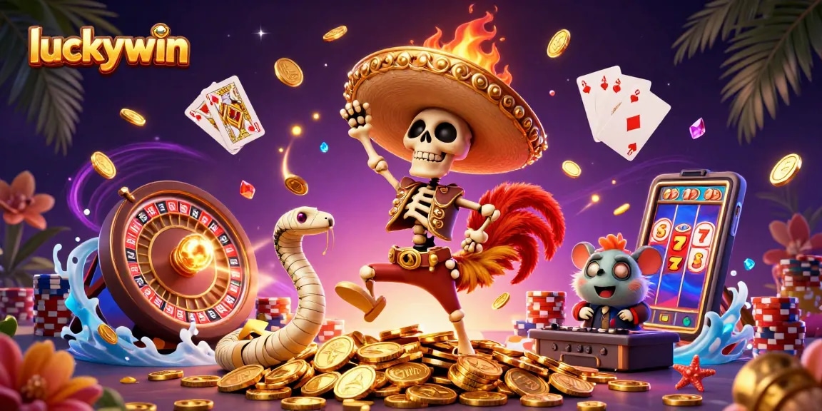 Experience the thrill of luckywin with a vibrant casino scene featuring joyous characters and dynamic gaming elements.