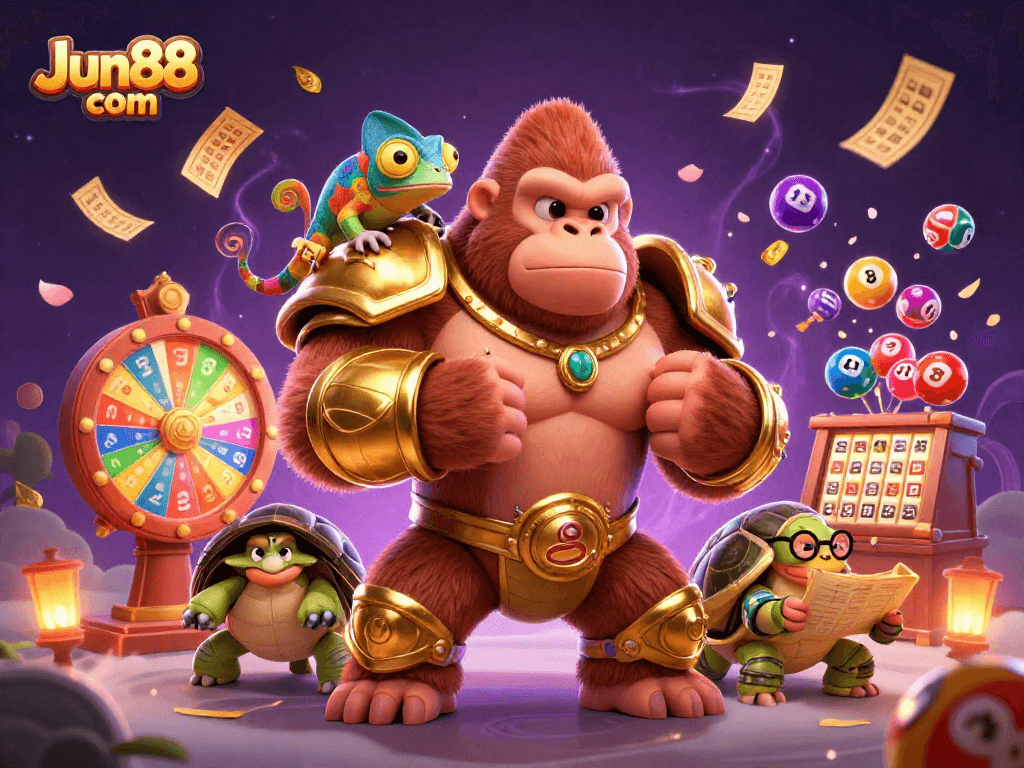 Experience Jun88 com with vibrant lottery elements and lively characters in this immersive 3D illustration.