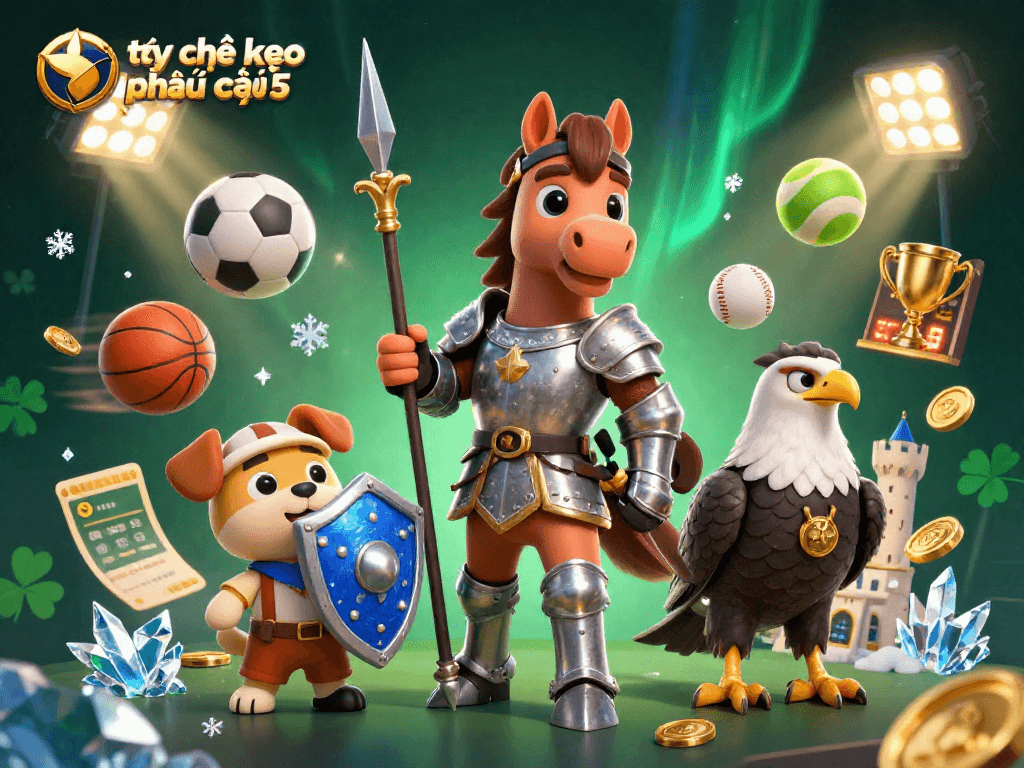 Engage with tỷ lệ kèo nhà cái 5 through an energetic scene of sports betting with dynamic characters and vibrant elements.