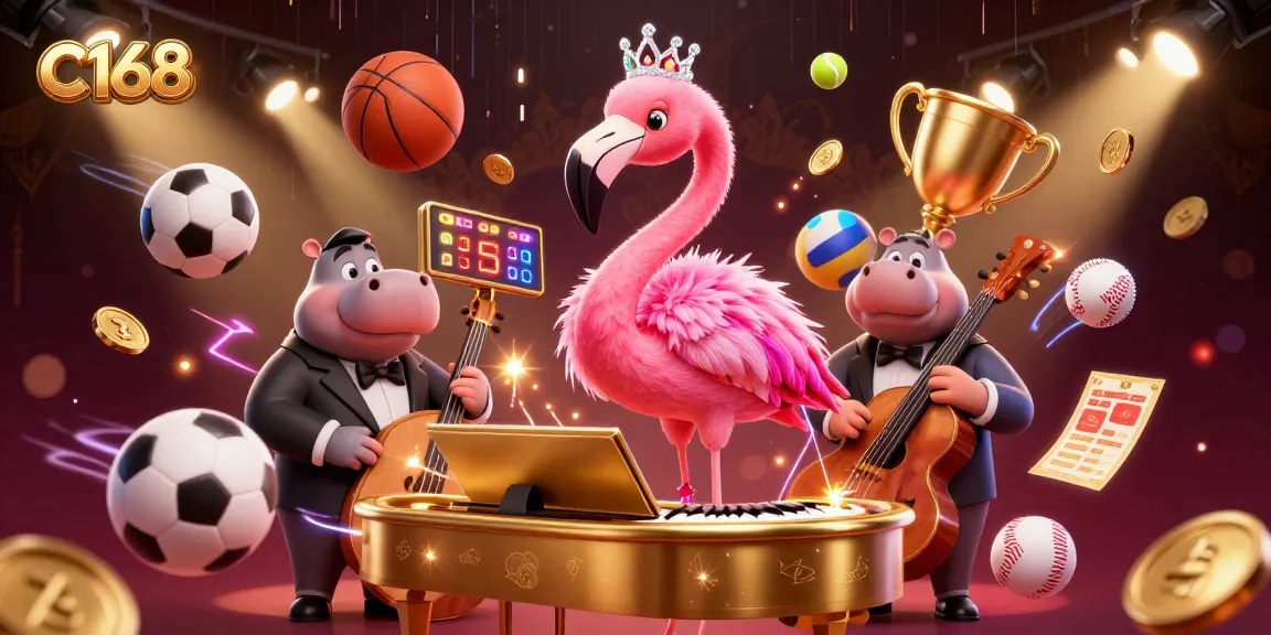 C168 casino scene featuring flamingo singer and hippo bassist with dynamic sports elements.