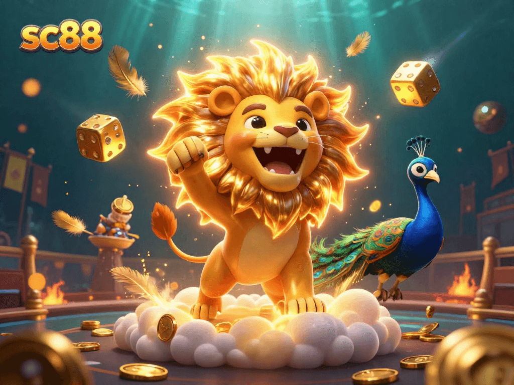 Experience the vibrant scene of sc88 with a majestic lion, golden dice, and casino elements in a rich 3D illustration.