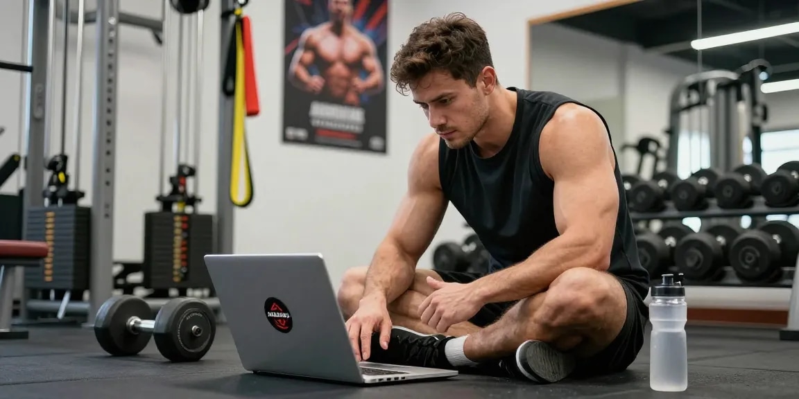Bodybuilder exploring Anabolika Shop online while preparing for a workout in a vibrant gym setting.