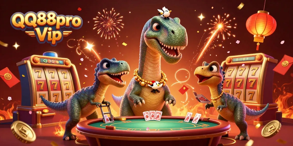 Experience the thrill of QQ88pro Vip with a dynamic casino scene featuring a towering brontosaurus and clever raptor.