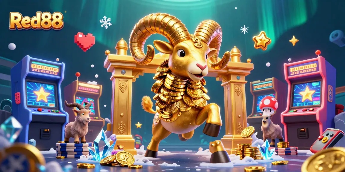 Experience thrilling gaming adventures with Red88, featuring a massive golden ram amidst vibrant arcade elements.