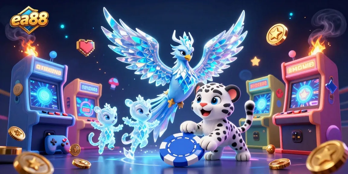 ea88 players enjoy engaging with vivid 3D casino characters amid vibrant gaming elements.