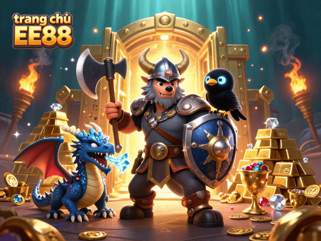 Engage with the vibrant action of trang chủ EE88's casino experience featuring cartoon heroes among treasures.