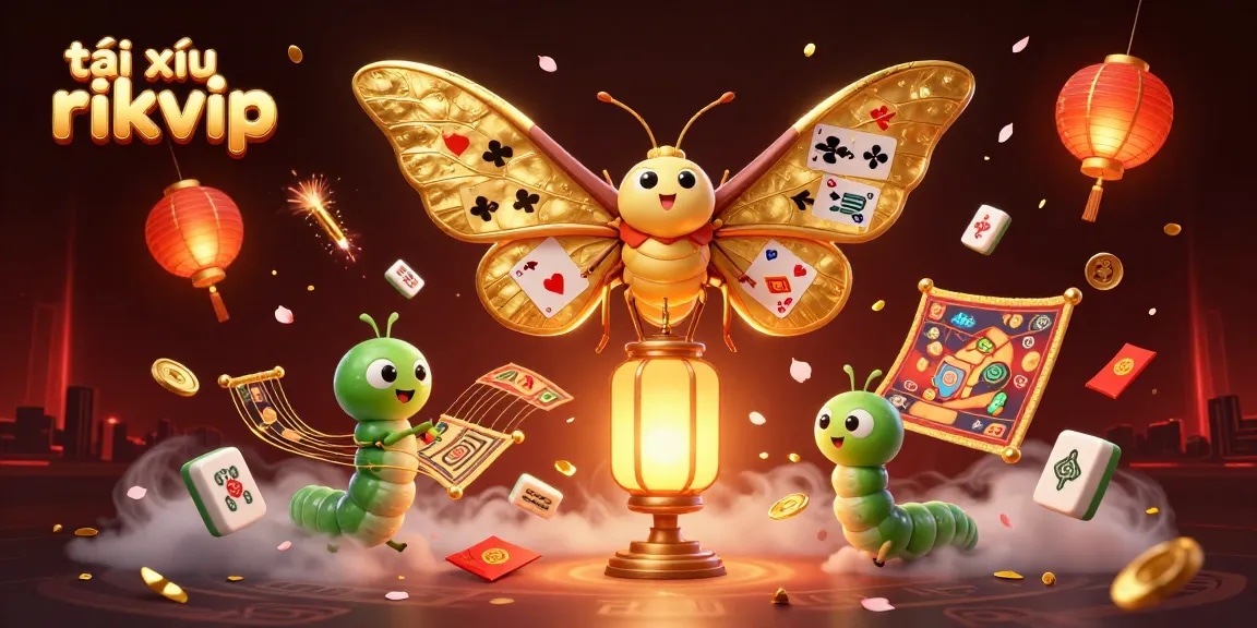 Tài xỉu rikvip showcases an enchanting casino scene with a majestic atlas moth, golden lanterns, and floating tiles.
