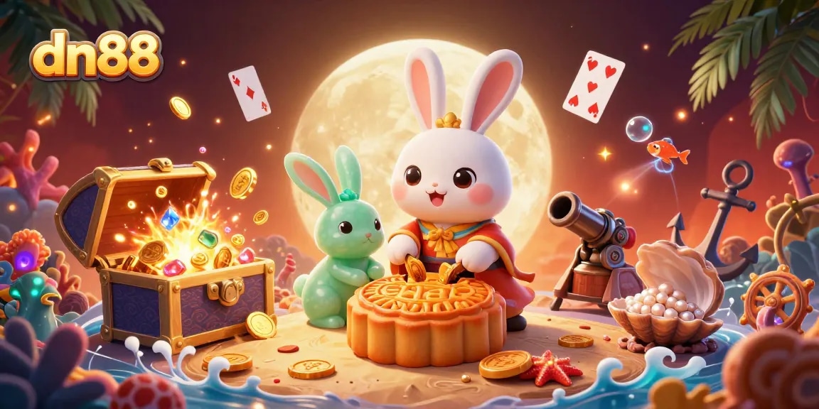 Experience thrilling games at dn88, where a moon rabbit reveals poker chips among treasures in vivid 3D.