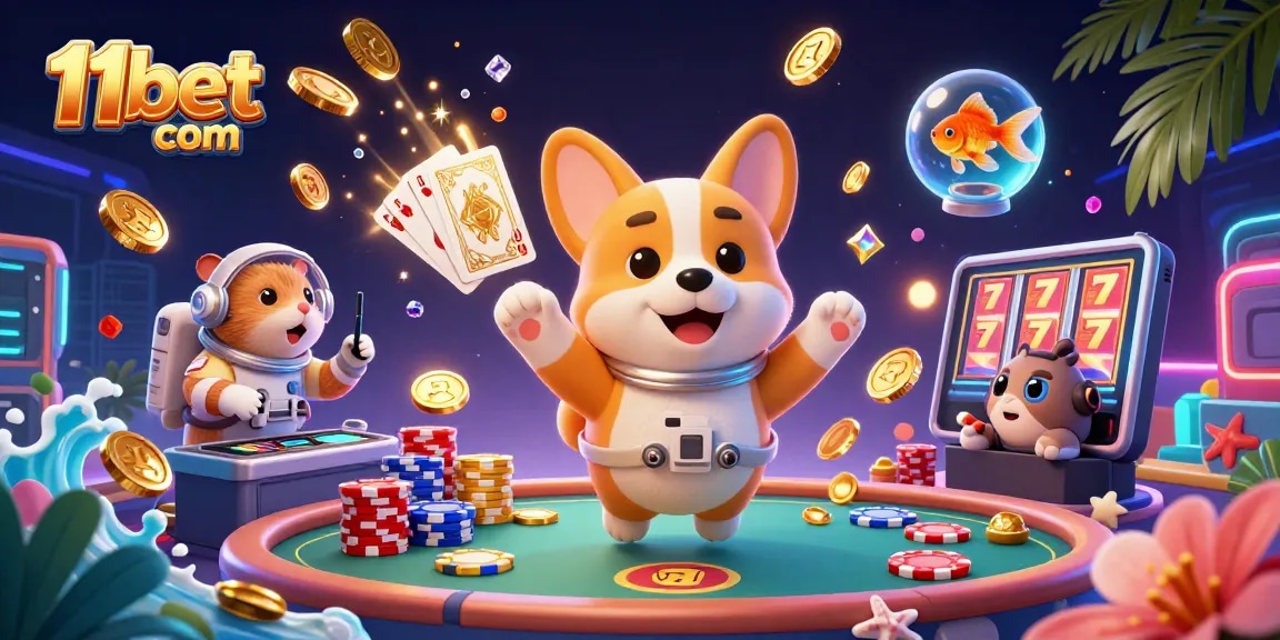 Engage in thrilling casino action with 11bet com's vibrant 3D gambling scene featuring playful characters.