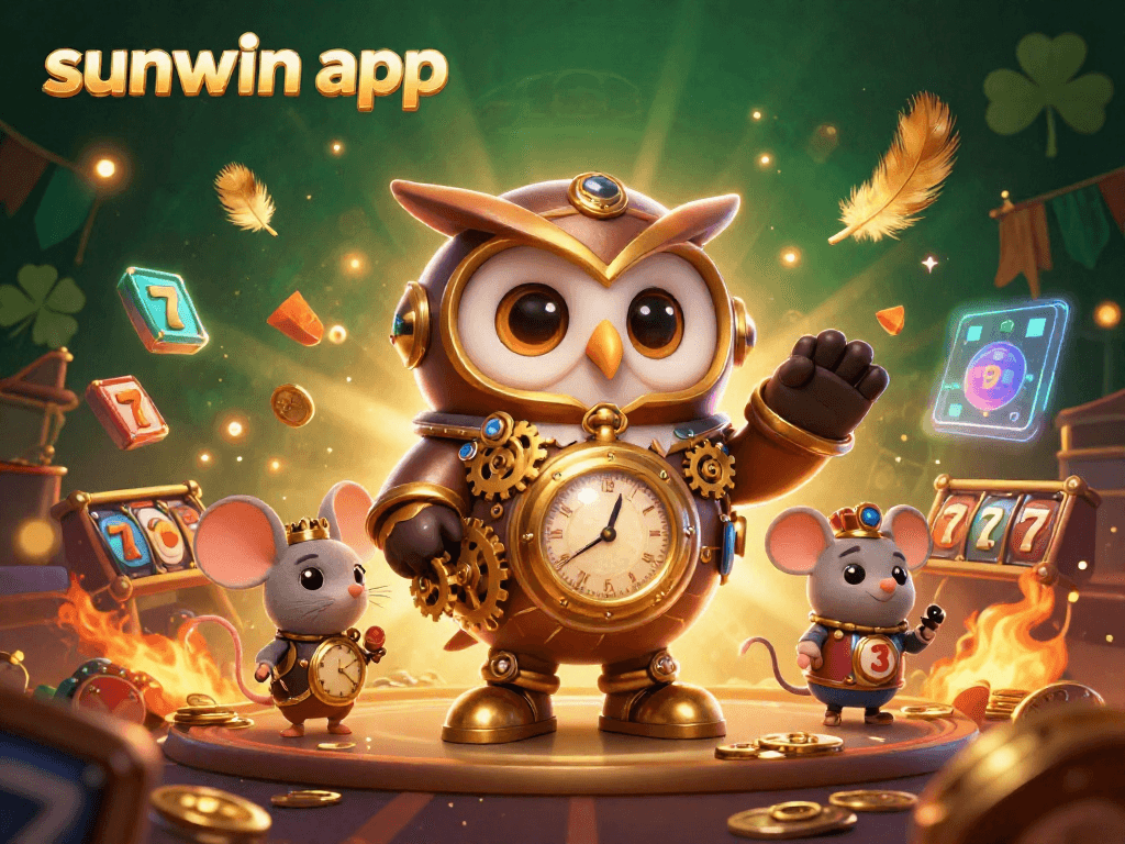 Experience the sunwin app with a dynamic scene featuring a time-traveling owl in a futuristic casino.