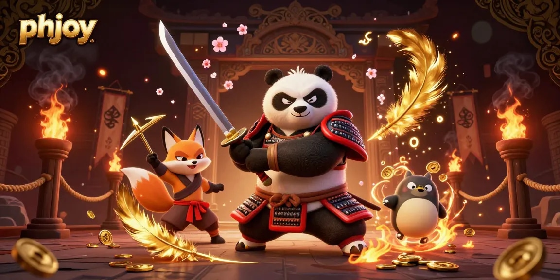Engage with thrilling games on phjoy, featuring a unique samurai panda and ninja fox in a dynamic casino setting.
