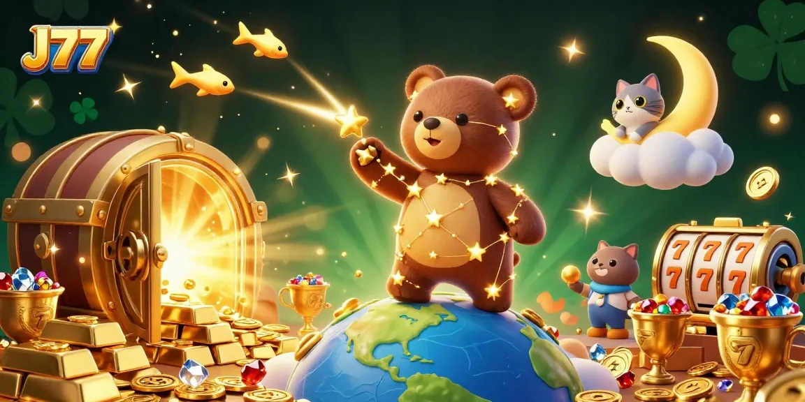 Engage with the j77 casino experience as a constellation bear scoops coins amidst vibrant slot game elements in a dazzling 3D scene.