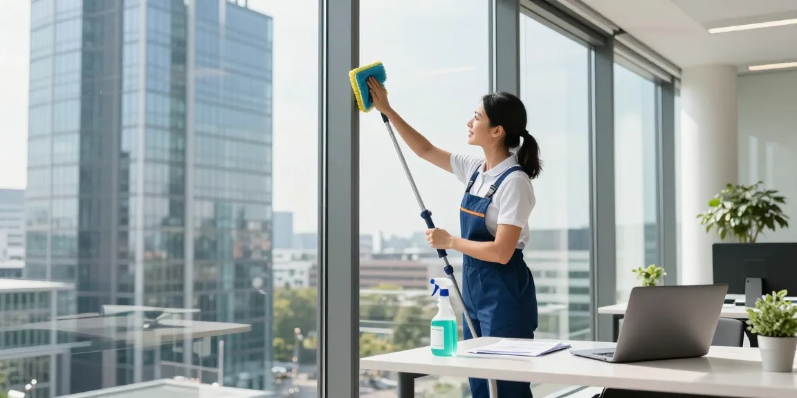 Professionelle Gebäudereinigung Düsseldorf mit einem Reinigungsteam, das Fenster in einem modernen Bürogebäude reinigt.