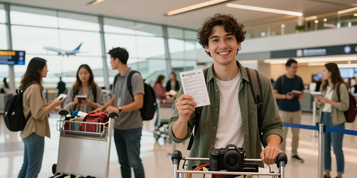 Originalen Reisepass mit vollständiger Verifizierung online kaufen, gehalten von einem glücklichen Reisenden am Flughafen.