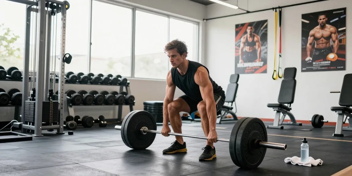 Anabolika Shop Deutschland: Fitnessszene mit Bodybuilder beim Training im modernen Gym, umgeben von Kraftgeräten und motivationalen Postern.